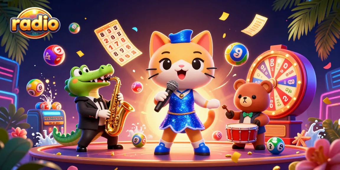 Spin and win on radio with the colorful, dynamic scene of casino joy featuring a lively cat, crocodile, and bear playing.