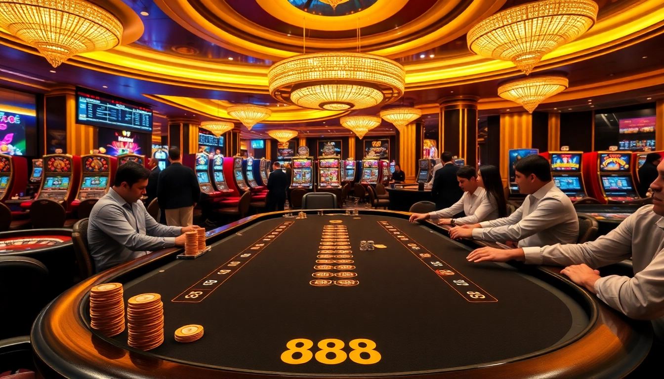 Experience the thrill of new 88 with a luxurious casino ambiance featuring poker tables and vibrant slot machines.