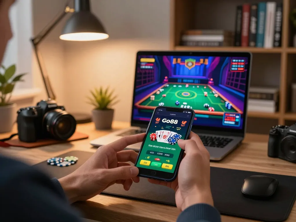 Engaged player using Go88 app for live dealer games, featuring immersive home gaming setup.