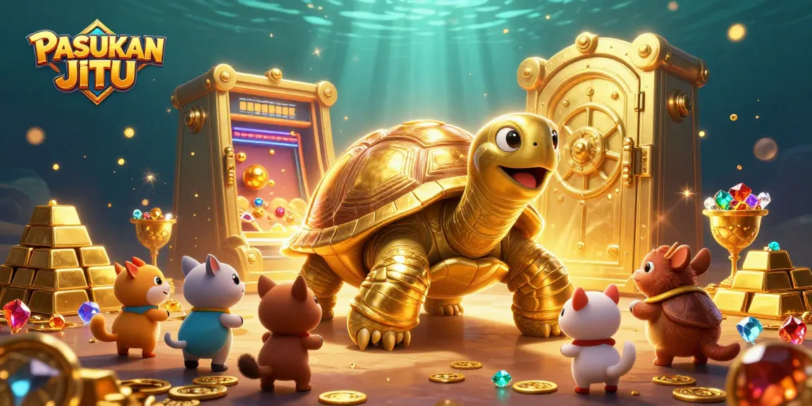 PASUKAN JITU features a colossal golden tortoise pinball machine surrounded by treasures, showcasing thrilling casino excitement.