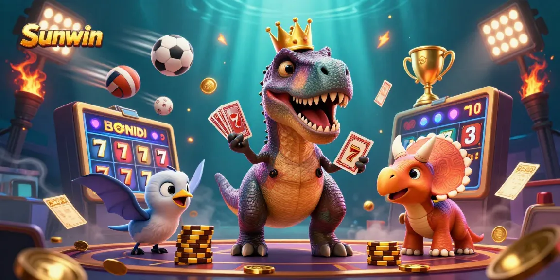 Sunwin brings excitement to casino gameplay with T-Rex shuffling cards, a pterodactyl helper, and a triceratops stacking golden chips.