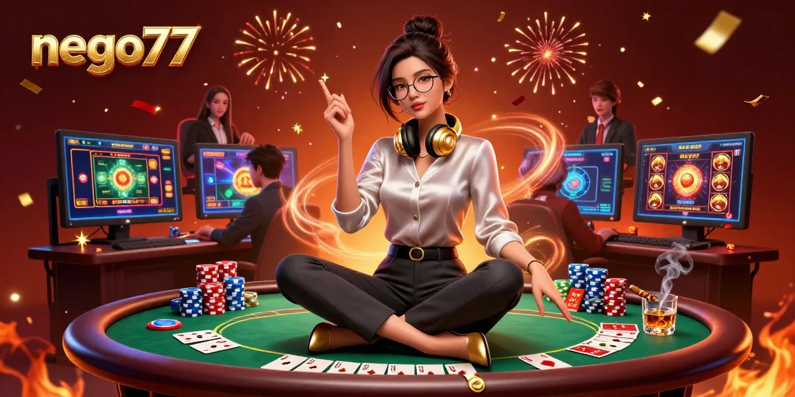 Nego77 virtual slot gaming setup showcasing an elegant gamer at a poker table surrounded by vibrant casino elements.