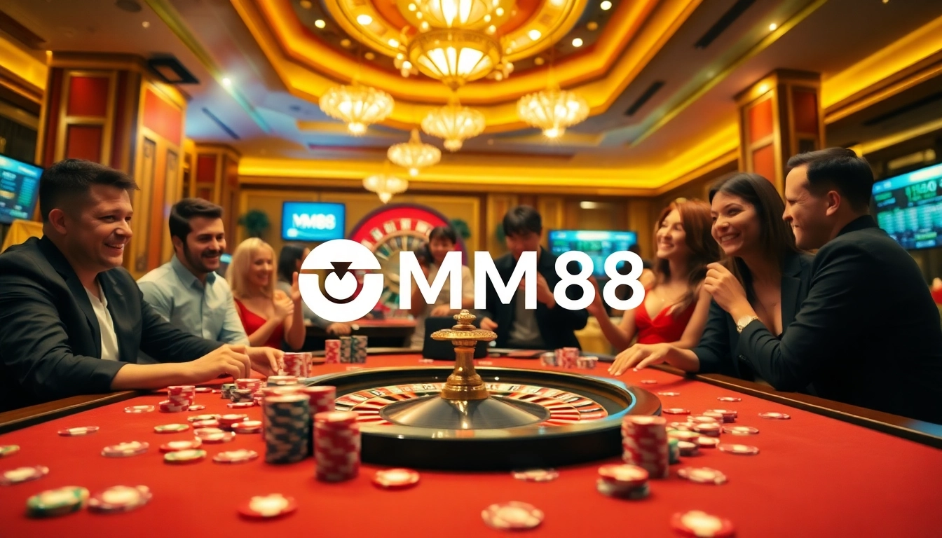 Players enjoying a vibrant MM88 casino game, colorful poker chips, and roulette.