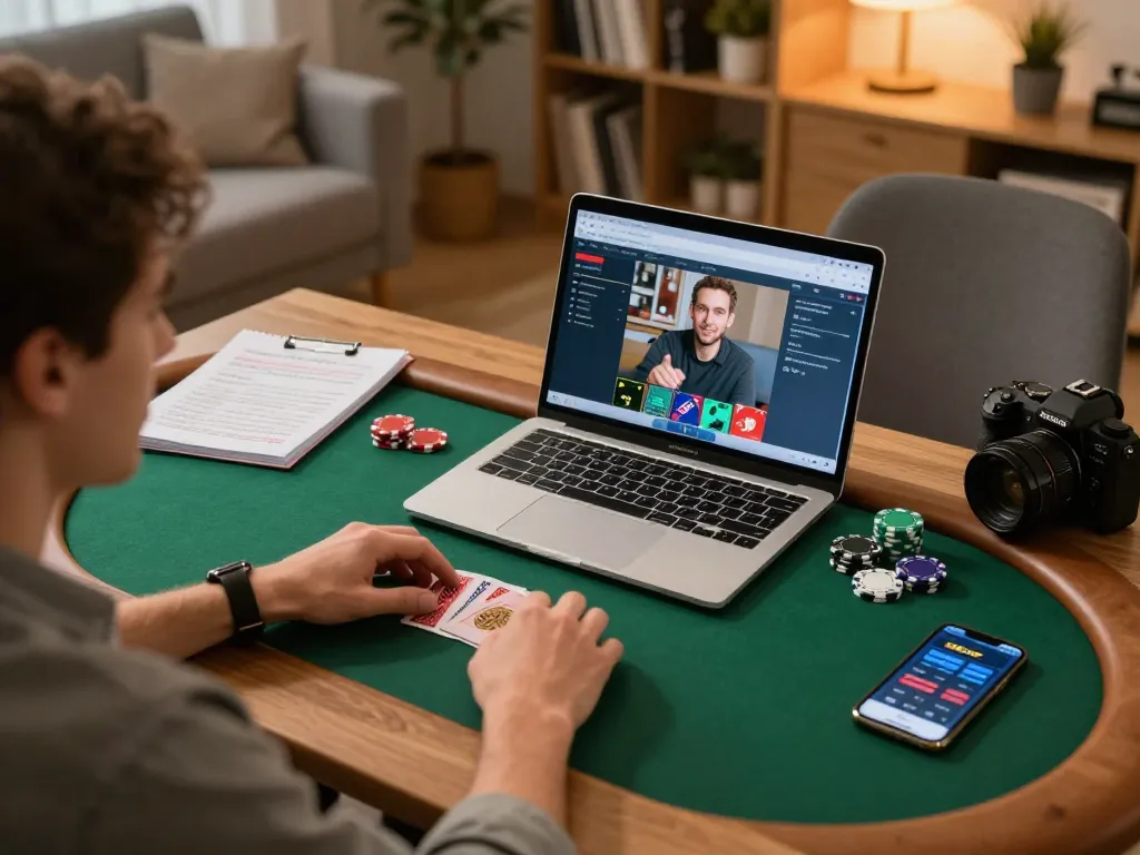 Engaging poker gameplay on laptop with tr88 betting strategy visible in cozy home office.