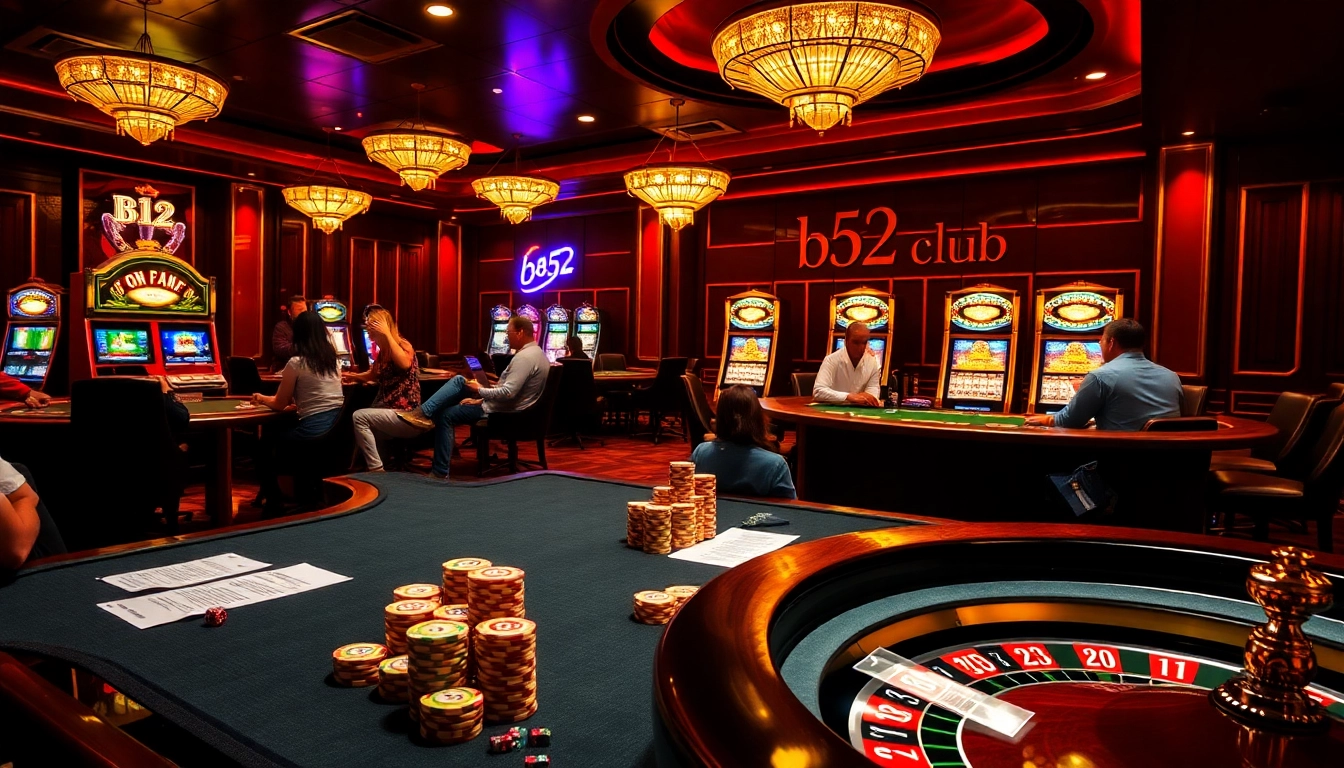 B52club players strategizing at an elegant casino table, showcasing excitement and high stakes.