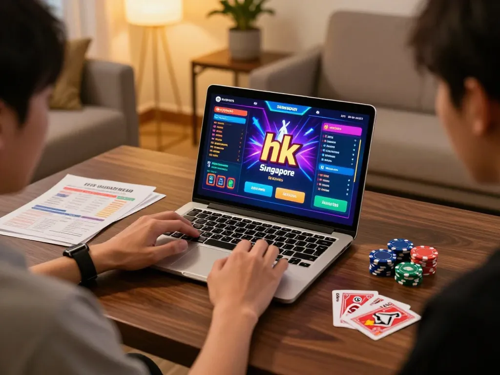 Engaging in online Togel Singapore while checking data hk results on a laptop in a cozy home setting