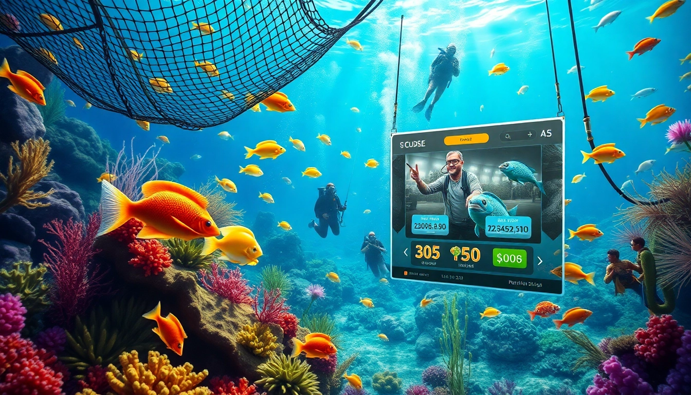 Action-packed bắn cá đổi thưởng scene featuring vibrant underwater fishing adventure with colorful fish and engaging gameplay interface.