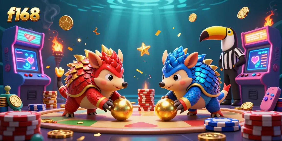 Engage in the f168 gaming experience with dynamic pangolins, poker chips, and vibrant arcade elements.