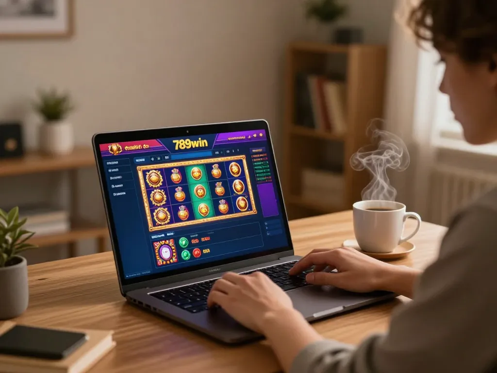 Engaging in online gaming on 789win casino site with vibrant interface on laptop