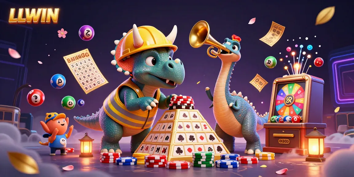 LLWIN triceratops building poker chips with a parasaurolophus celebrating, surrounded by dynamic lottery elements.
