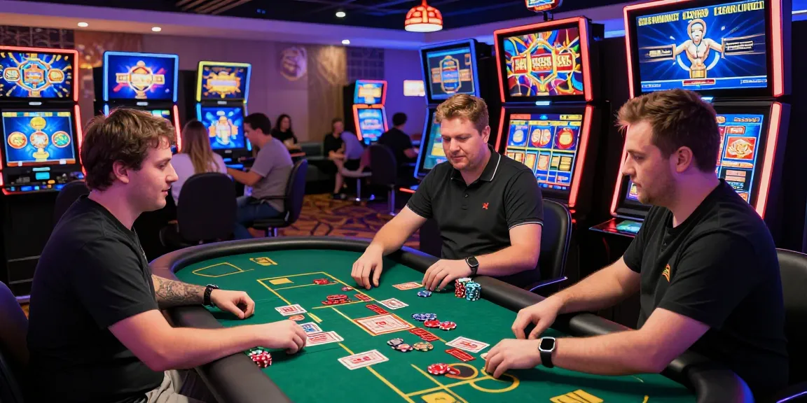 Engaging online gambling scene with players at mpocash.net, lively casino atmosphere with vibrant graphics.