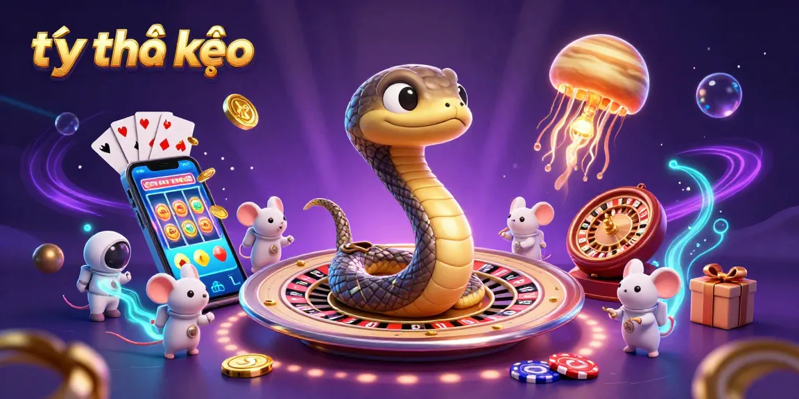 Experience vibrant sports betting with tỷ lệ kèo as cartoon snakes and astronauts engage in cosmic gambling.