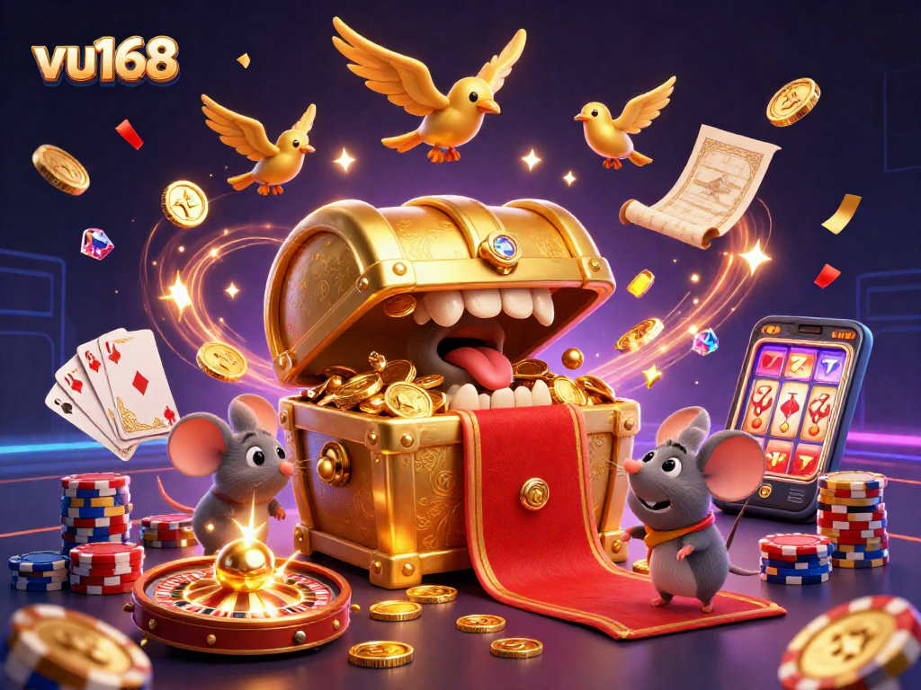 Engage in thrilling gameplay with vu168’s vibrant casino illustration packed with treasures and gaming action.