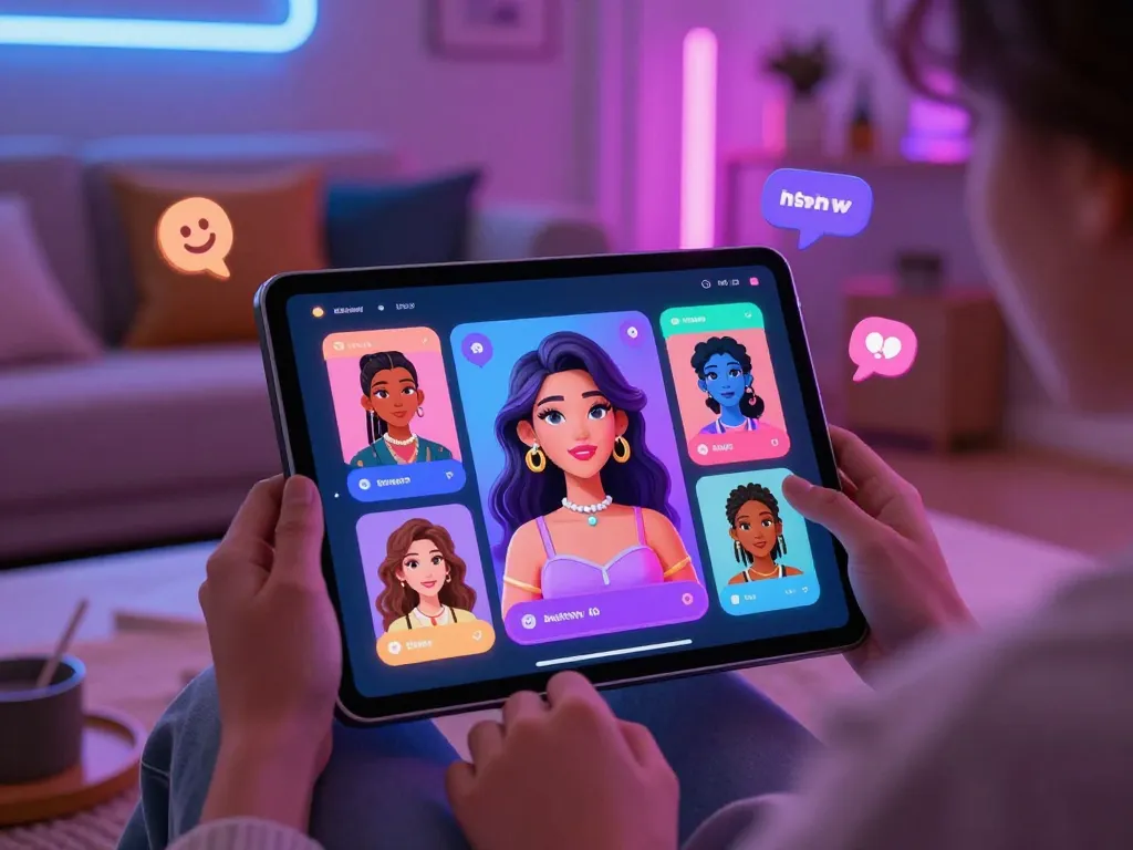 Engaging NSFW AI chatbot experience with a virtual girlfriend on a tablet.