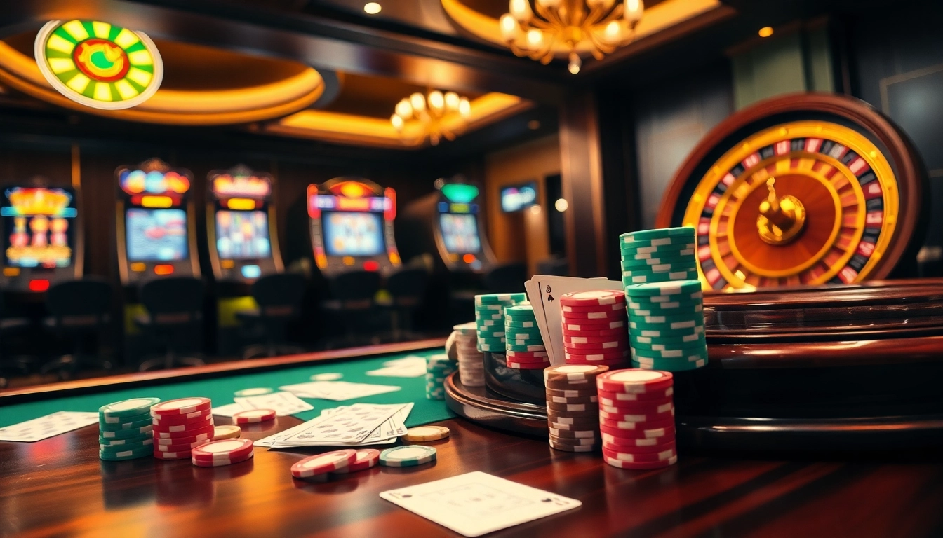 Experience the thrill of F8bet with vibrant poker chips, a roulette wheel, and exciting slot machines.