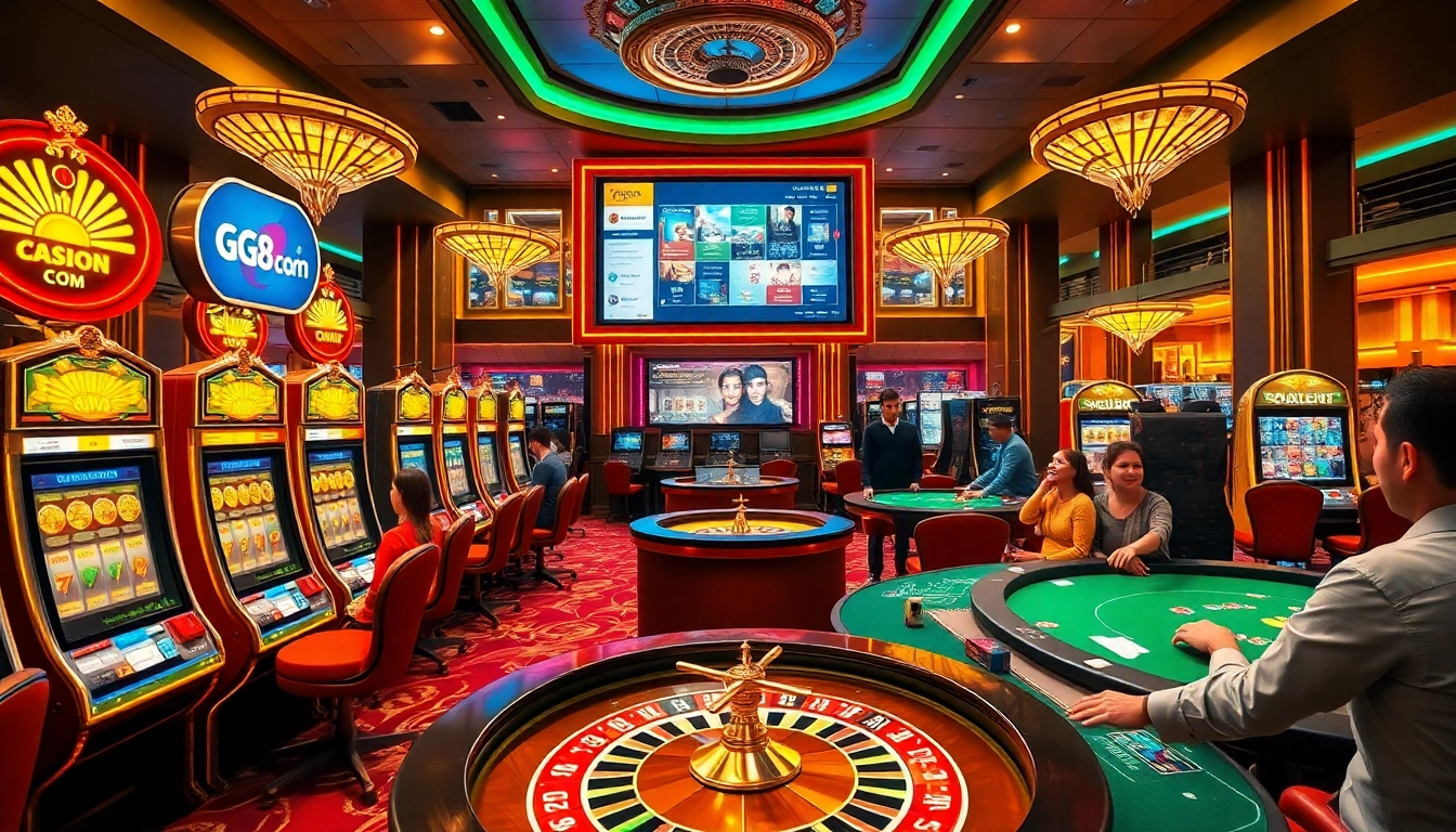 Gamblers enjoying a vibrant casino scene at GG88 Com with thrilling games and exciting atmosphere.