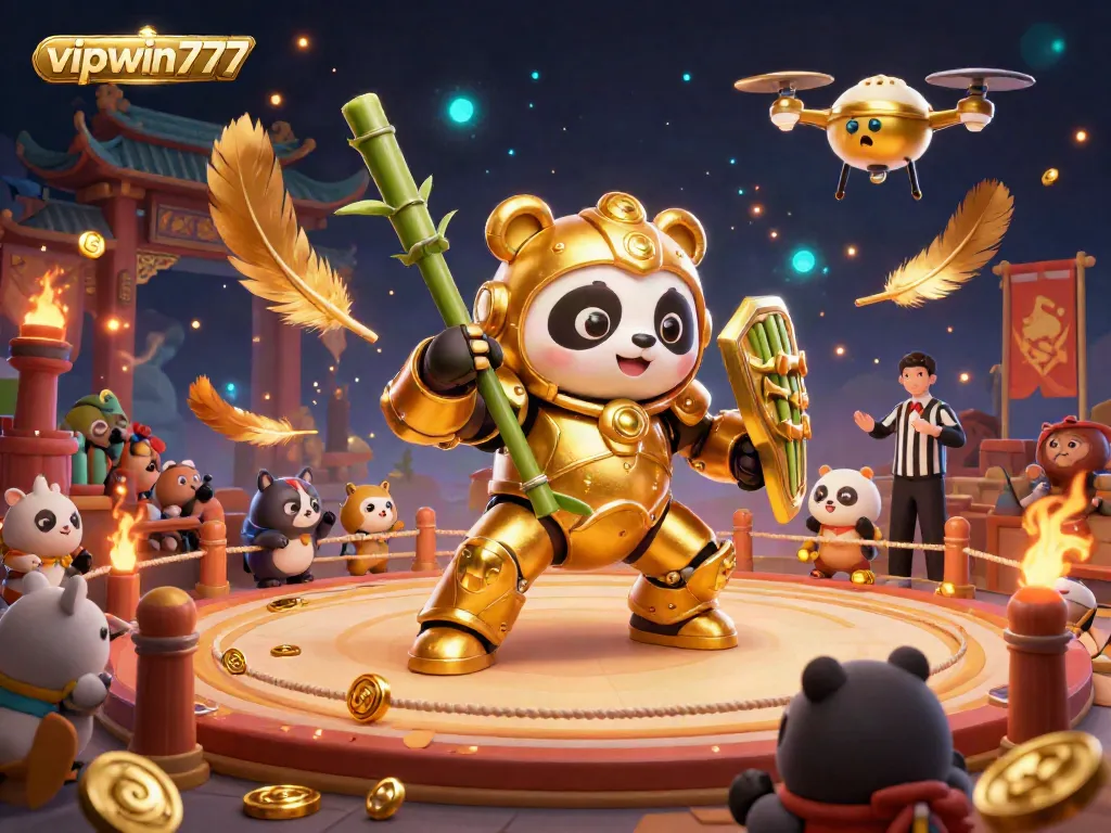Engage with the vipwin777 arena featuring a golden panda in a mech-suit amidst vibrant gambling themes.