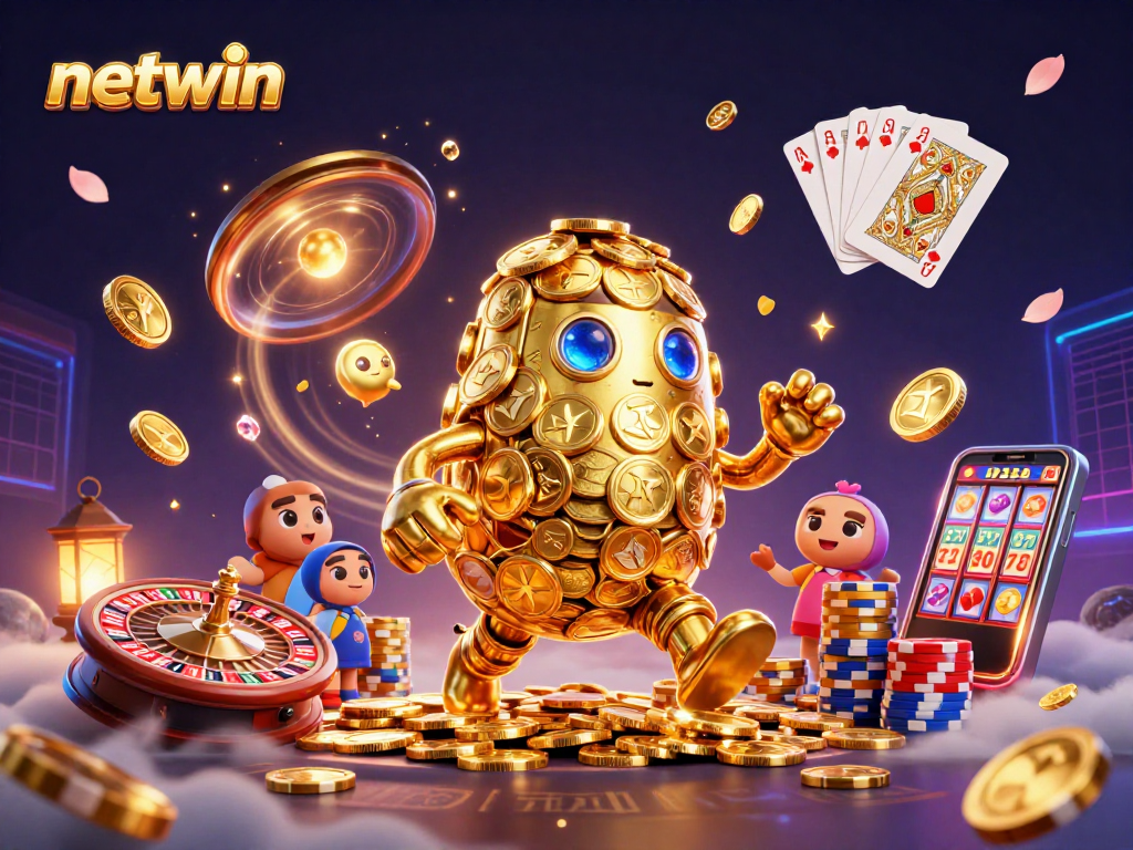 Engage with netwin’s online casino experience featuring a dynamic golden golem amidst vibrant gaming elements.