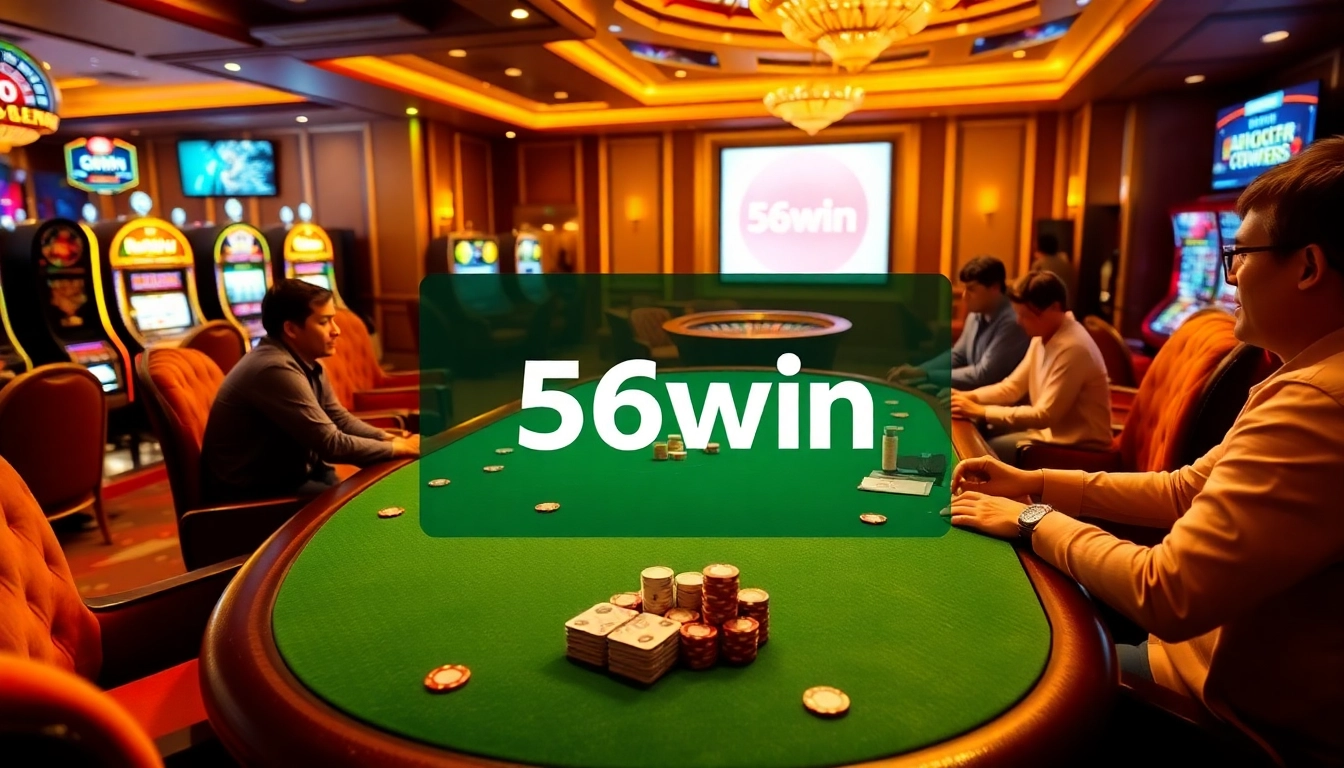 Players enjoying a thrilling 56win poker game at an upscale casino table.