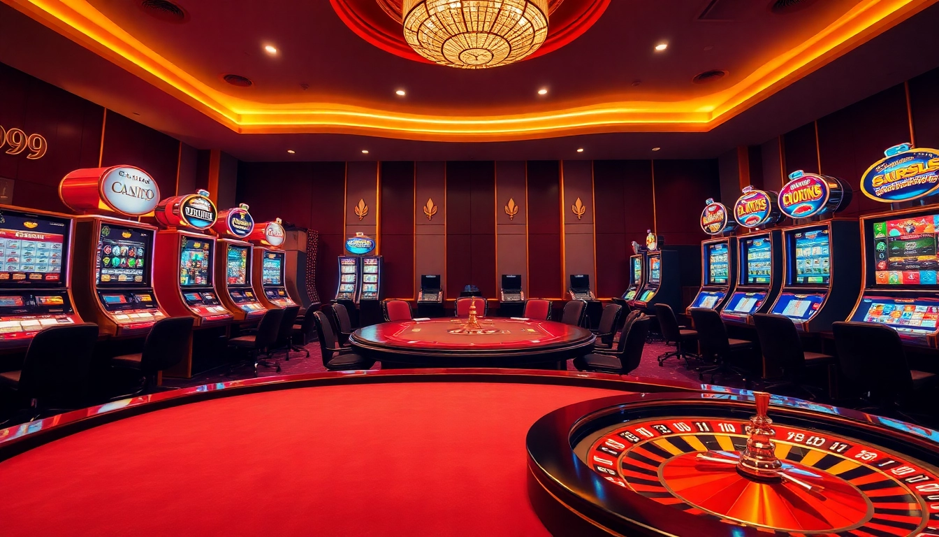 Experience the thrill of gaming at nhà cái GO99 with a vibrant casino scene featuring poker tables and slot machines.