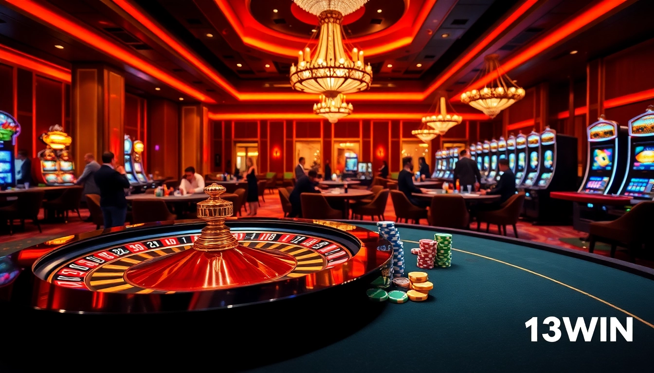 Engaging players at 13win's vibrant roulette table with colorful chips and casino excitement.