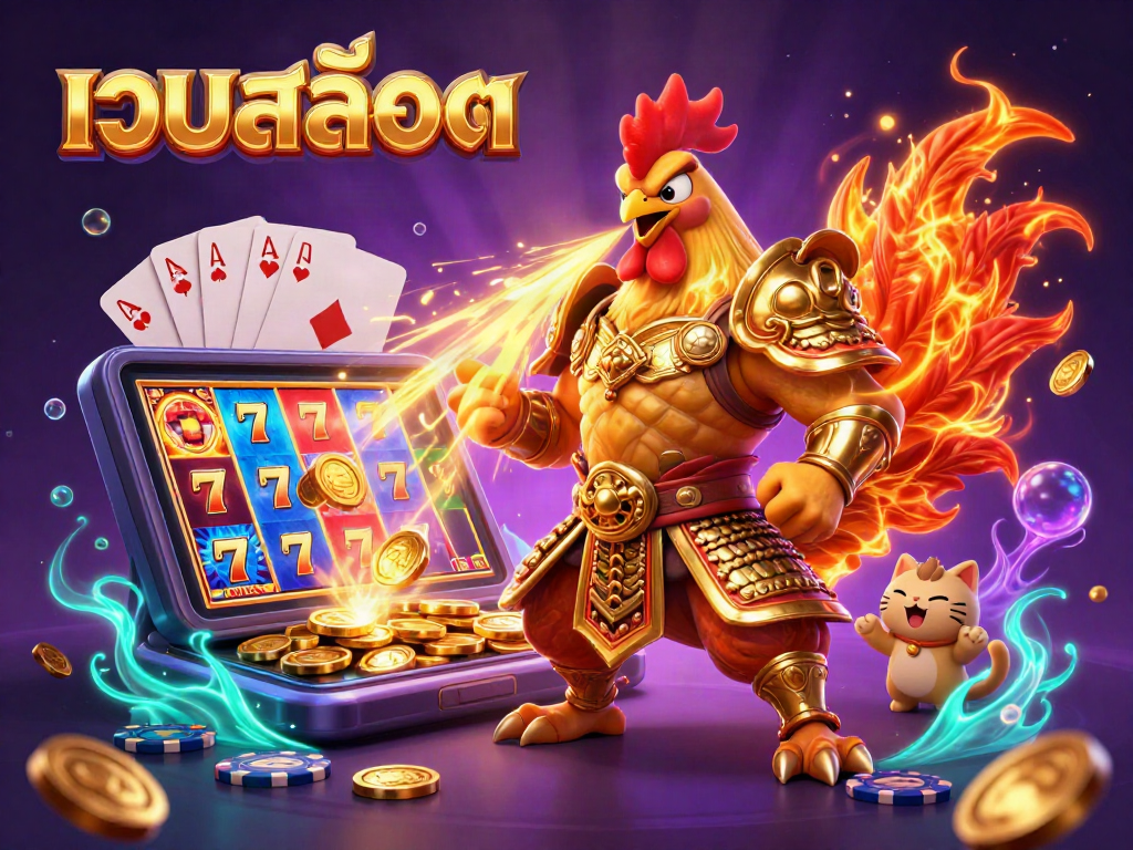 Engage with เว็บสล็อต through vibrant slot reels and dynamic characters in a colorful casino scene.