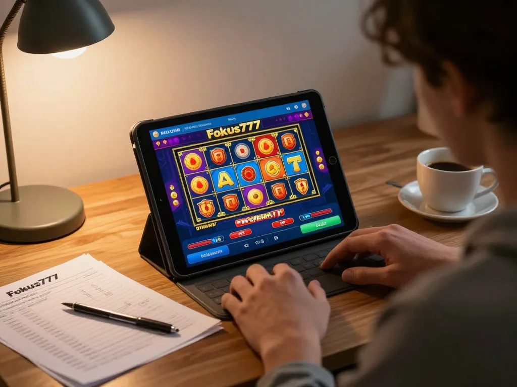 Engaging with Fokus777 online gaming platform at home, showcasing a cozy setup.