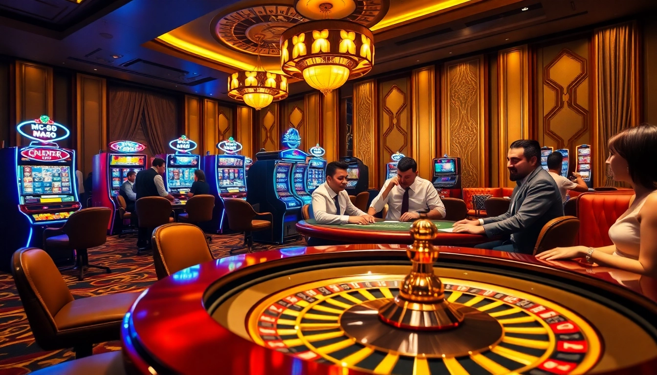 Experience the thrill of MM88 with an upscale casino scene showcasing poker, roulette, and slot machines.