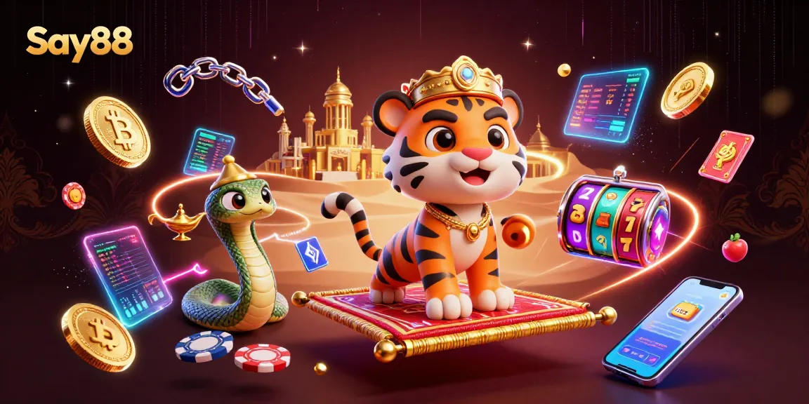 Engage with Say88’s vibrant gaming experience featuring a tiger sultan on a flying carpet amidst exciting jackpots.