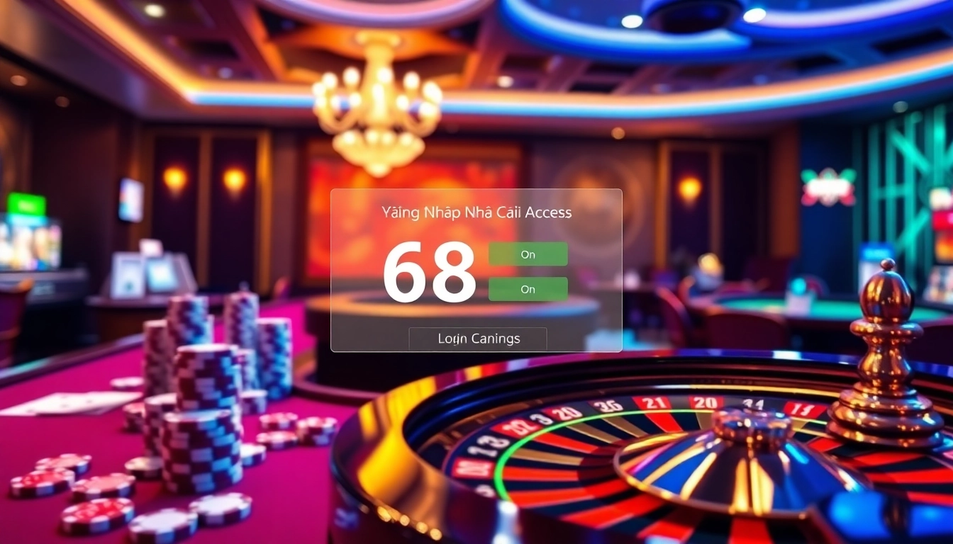 Engaging scene of Đăng Nhập Nhà Cái 68VIP featuring vibrant casino tables and digital access.