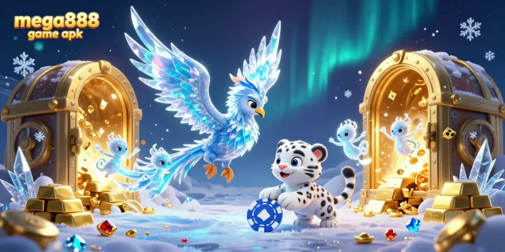 Engage with the mega888 game apk through this vibrant ice-themed casino illustration.