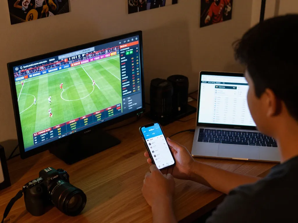 Engaged bettor using the Xoilac app while enjoying live sports, highlighting immersive home betting experience.