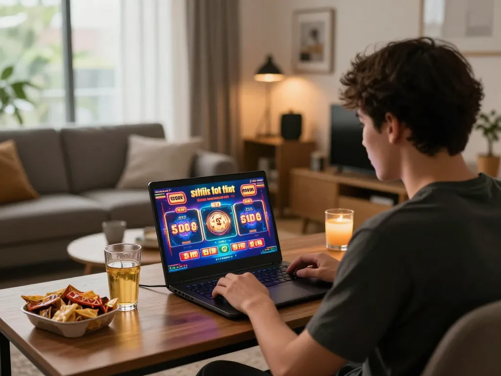 Engaging in situs slot gacor gaming on a laptop at home, cozy atmosphere with snacks.