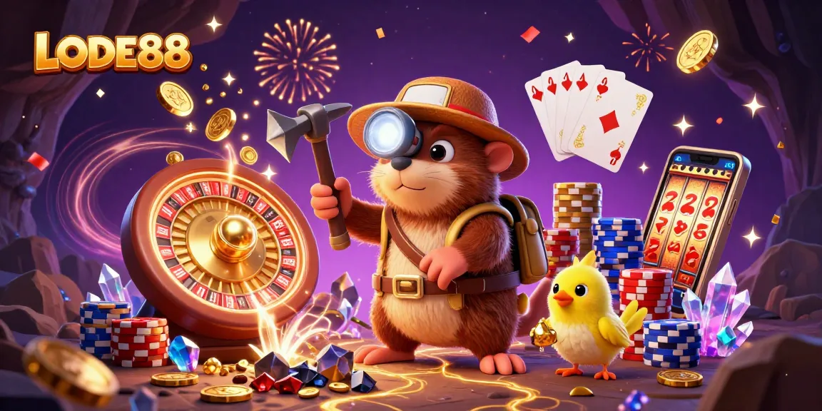 Experience the thrill of winning at LODE88 with a vibrant 3D casino scene full of treasures.