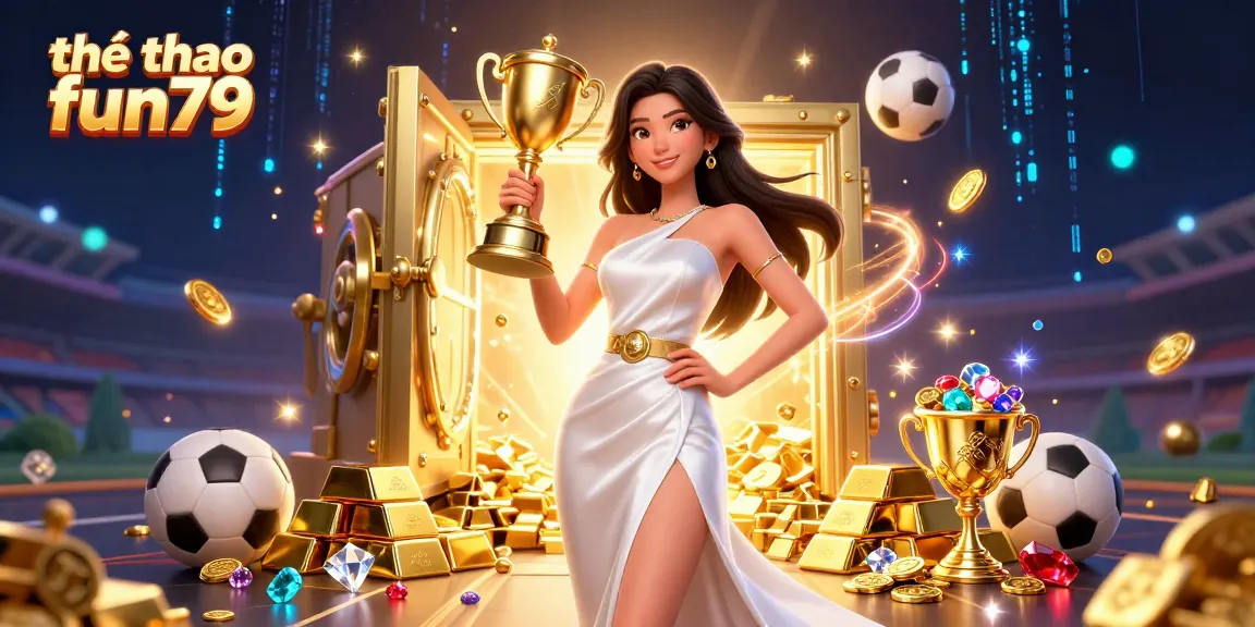 Experience thrilling moments in thể thao fun79 with a triumphant Asian woman holding a trophy in a dynamic sports betting scene.