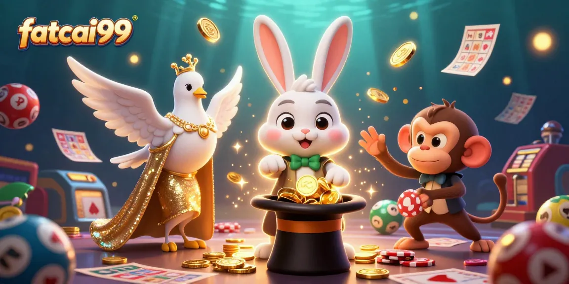 Experience the magic of fatcai99 as the rabbit pulls lottery winnings amidst vibrant casino elements.