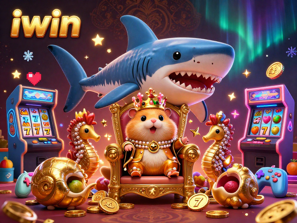 iwin slot-themed illustration featuring a golden hamster king and vibrant arcade elements.