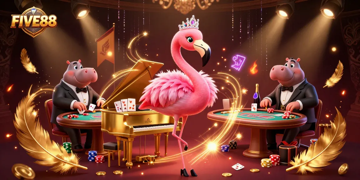 Engage in a vibrant FIVE88 poker scene with a flamingo singer and a hippo bassist illustrating casino life.