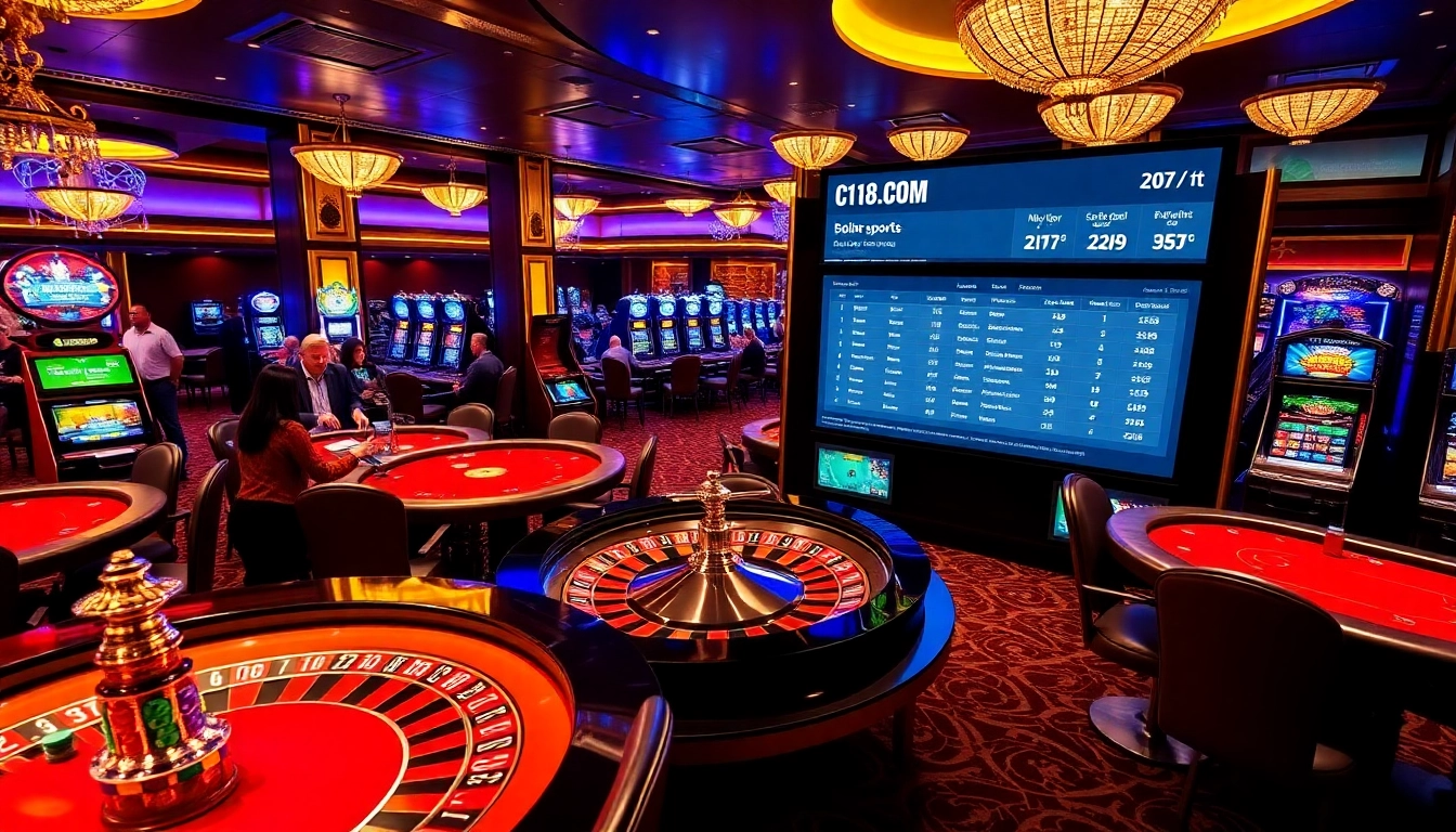 Exciting gambling action at C168 COM casino with roulette and poker tables.