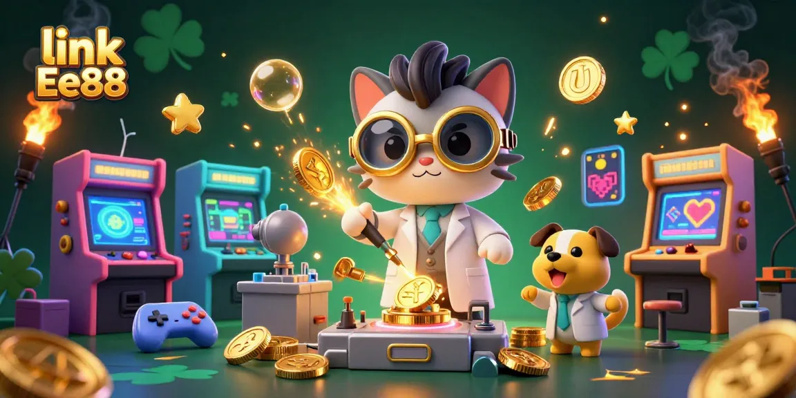 Engage with the exciting link Ee88 as a mad scientist cat crafts a gold-coin machine in a vibrant casino scene.