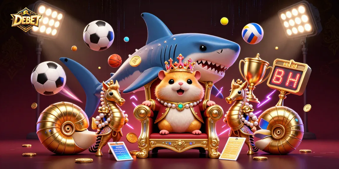 Experience exciting betting action with DEBET in a vibrant casino scene featuring an energetic golden hamster king.