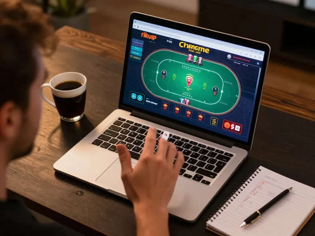 rikvip player engaged in online poker, showcasing game strategy and social gaming atmosphere