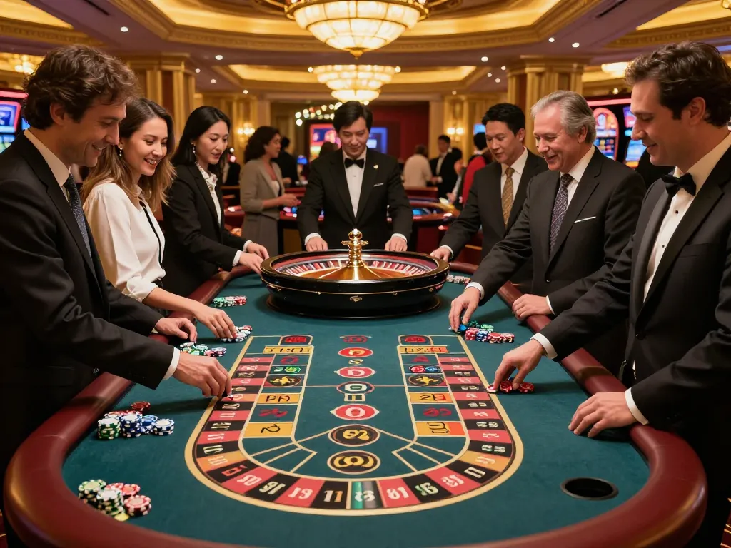 Players eagerly betting on roulette at a Vegas casino, showcasing Sunwin's vibrant gaming atmosphere and excitement.