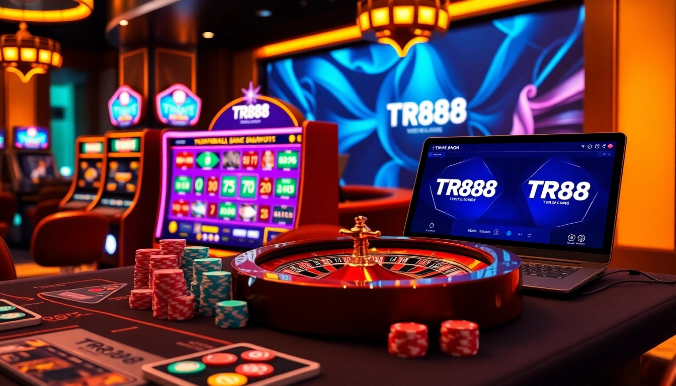 TR88 gaming scene with roulette wheel and vibrant slot machines.