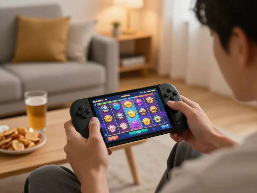 Player enjoying a thrilling slot game on a trusted situs gacor in a cozy home environment with snacks and drinks.
