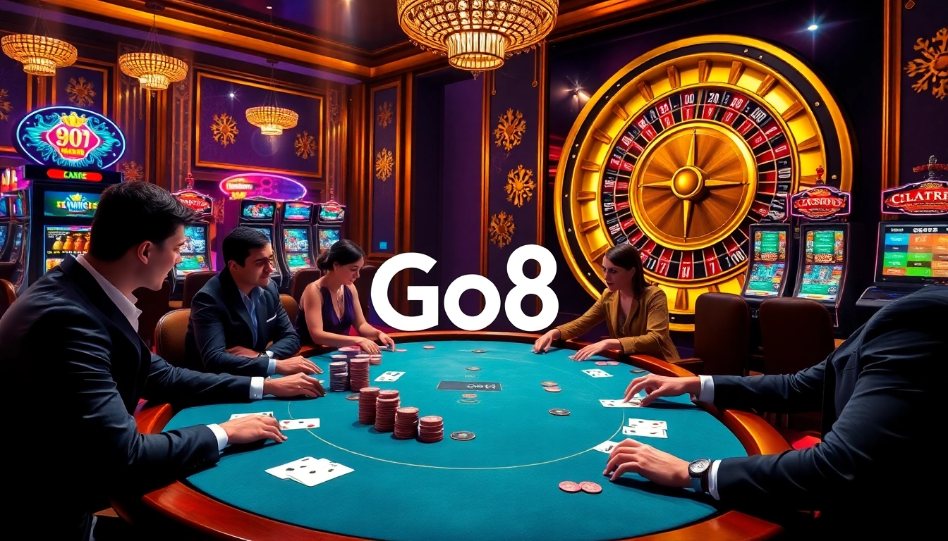 Go8 casino scene featuring poker game excitement with luxury decor and vibrant slot machines.