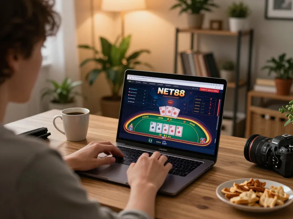 Player engaged with NET88 online gaming on a laptop in a cozy home office, showcasing strategic gameplay.