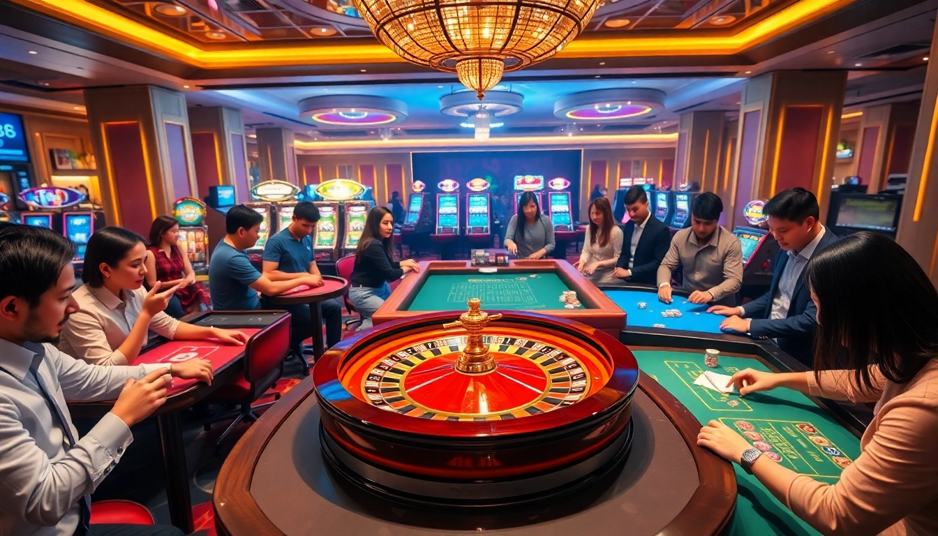 RR88 casino scene with gamblers engaged at tables, showcasing roulette, poker chips, and excitement.