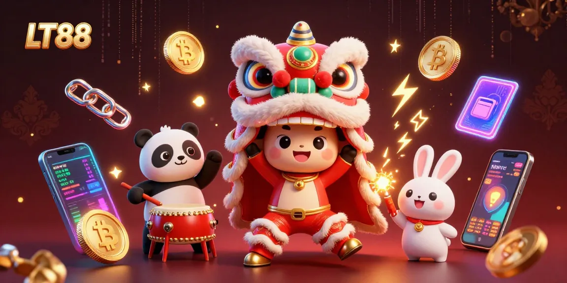 Experience LT88's vibrant casino action with lively characters and glowing crypto symbols.