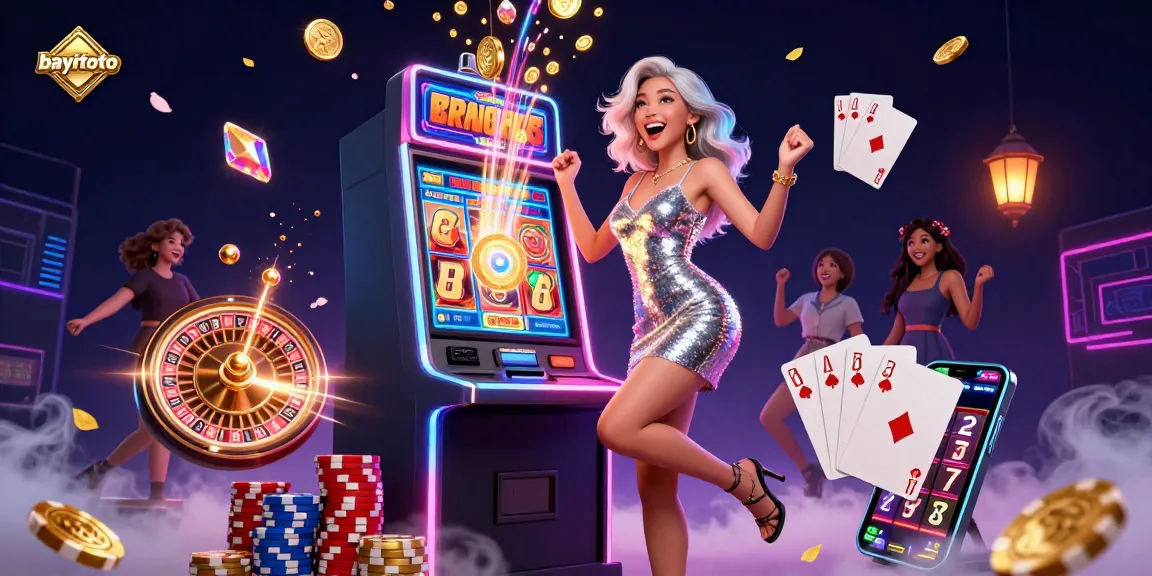 Engage with bayitoto's thrilling slot experience featuring a celebratory player amidst gold coins and vibrant casino elements.